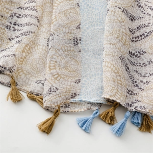 Detailed view of bohemian mandala pattern fabric with elegant tassel accents