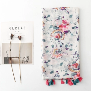 Floral print cotton linen scarf with tassels and vintage bohemian flower patterns
