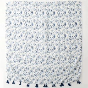 Floral print cotton linen scarf with blue leaf pattern and decorative tassels