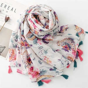 Floral cotton linen scarf with colorful tassels and retro ethnic print on beige base