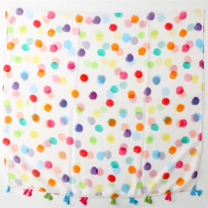 Weißer Leinenschal mit bunten Aquarell-Punkten und lebendigen Quastenanhängern