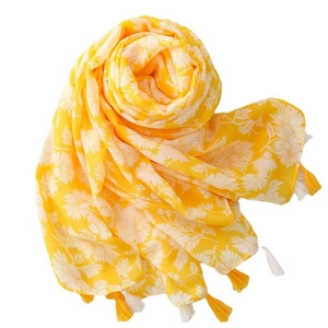 Yellow cotton-linen feel scarf with white daisy print and fringe tassels for women