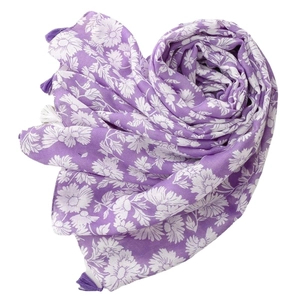 Soft purple cotton scarf featuring white daisy floral prints and fringe trim on edges