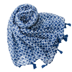Blue fish scale print cotton-linen scarf with elegant tassels on a white background