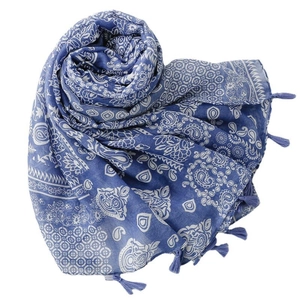 Navy blue linen-feel scarf with white paisley prints and decorative fringe tassels