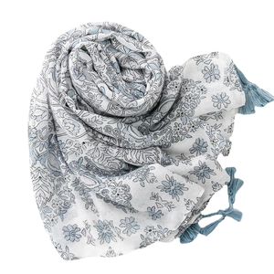 Vintage floral cotton linen scarf with blue tassels for women in ethnic style