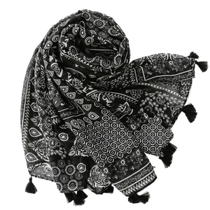 Vintage bohemian paisley cotton linen scarf with black fringe tassels and floral patterns