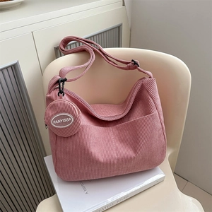 Pink corduroy large capacity tote bag with small round coin purse charm accessory