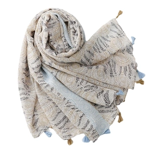 Bohemian mandala print scarf with cotton-linen feel and stylish fringe tassels for women