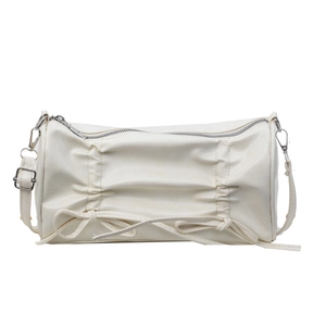 Chic cream white cylindrical pillow bag with ruffled design and bows for women