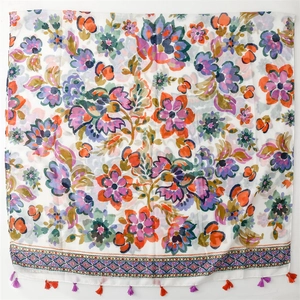 Linen-touch scarf with colorful floral watercolor print and vibrant tassel trim details