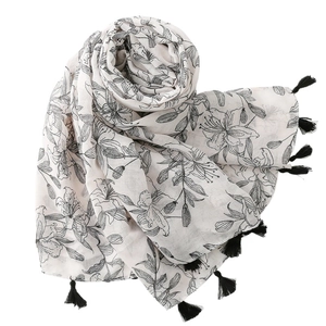Écharpe effet coton lin pour femme avec imprimé lys et bordures à pompons