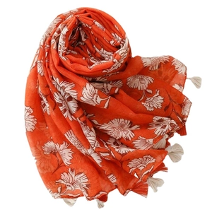 Orange floral cotton linen scarf with white flower prints and fringe tassels