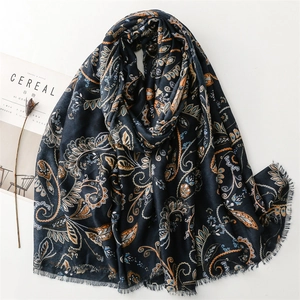 Women Paisley Scarf Shawl Polyester Soft Cotton Linen Feel Tassel Raw Edge Bohemian Ethnic Style Large Wrap