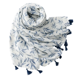 White linen-feel scarf with blue leaf print and tassels for women, rectangular wrap