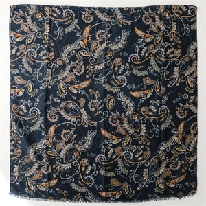 Dark navy blue cotton-linen feel scarf with paisley print and fringed edges