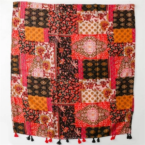 Retro bohemian shawl with paisley floral prints and fringe trim for travel and sun protection