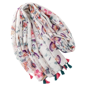 Retro cotton-linen style scarf with colorful floral patterns and decorative fringe