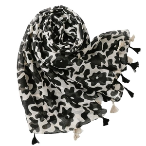 Black and white floral cotton scarf with tassels for women, minimalist spring shawl