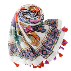 Creative watercolor floral linen scarf with colorful fringe tassels on white background