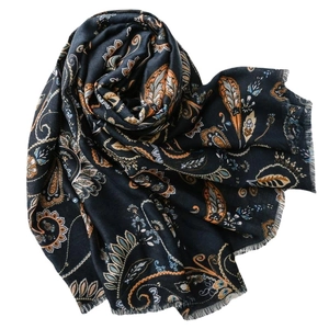 Deep blue paisley printed shawl scarf with soft fringes and ethnic cotton-linen texture
