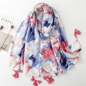 Women Long Scarf Abstract Feather Print Lightweight Polyester Shawl With Tassels For Sun Protection Beach Travel