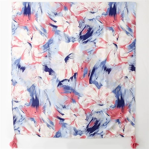Floral print lightweight summer shawl with silk texture and elegant pink corner tassels