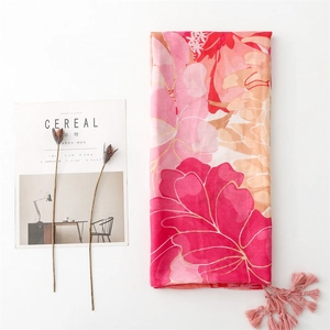 Floral soft cotton linen feel scarf with pink flowers, gold edges and elegant tassels