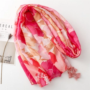 Floral print soft cotton linen feel scarf with pink tassels and elegant bloom pattern