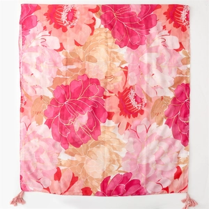 Pink floral cotton linen scarf with peony print, gold edges and tassel trim fringe