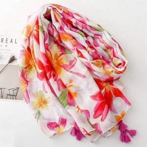 Floral soft cotton linen scarf with tassels and tropical pink print for women travel