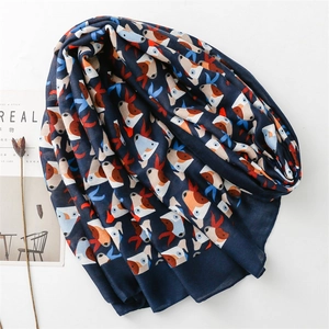 Dark blue lightweight cotton linen scarf with cartoon dog prints and stylish patterns