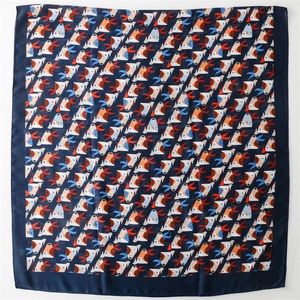 Navy blue square silk scarf featuring abstract dog pattern print for sun protection