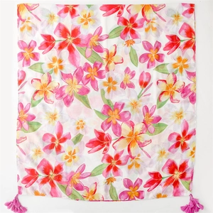 Floral soft cotton feel scarf with tropical plumeria print and pink tassels for women