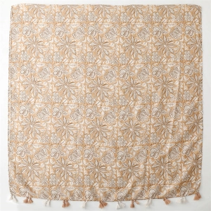 Linen-feel cotton floral scarf with retro botanical print and tassel edge for women