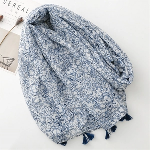 Elegant blue floral cotton linen scarf with fringe tassels for spring and travel