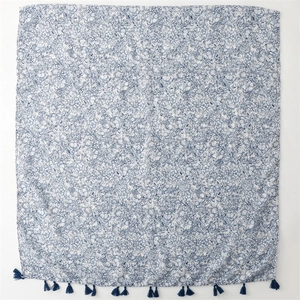 Blue floral cotton linen scarf with tassels and fresh porcelain style pattern