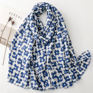 Blue and white floral cotton linen scarf with gold foil dots and frayed edges
