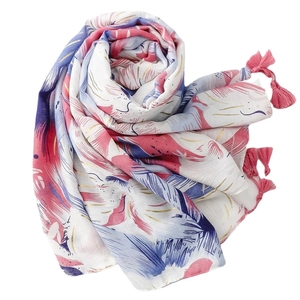 Elegant lightweight floral shawl with pink tassels and colorful feather prints