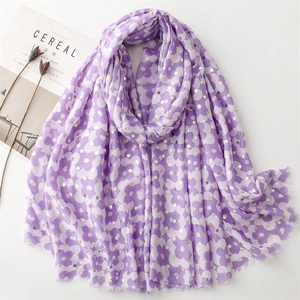 Lavender cotton linen scarf with gold dots and floral pattern on white background