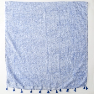 Blue wavy line print linen shawl scarf with elegant tassels for sun protection
