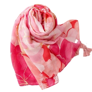 Floral print soft shawl for women with pink and red flowers and fringe tassels