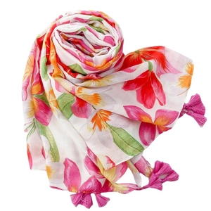 Floral print shawl with pink tassels and vibrant floral patterns on white soft fabric
