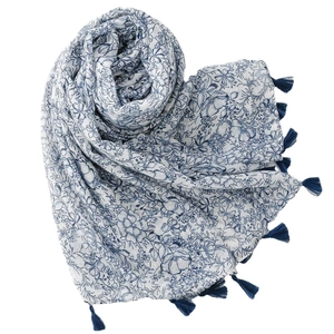 Blue floral cotton linen scarf with tassels and vintage porcelain patterns for women