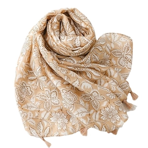 Elegant khaki cotton linen scarf with white floral print and delicate fringed edges