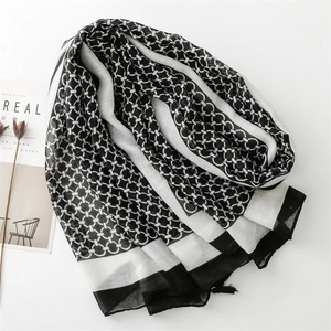 Elegant black and white geometric chain print cotton linen scarf with fringe tassels