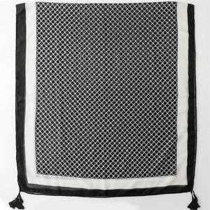 Classic black and white geometric pattern cotton linen shawl with stylish tassels