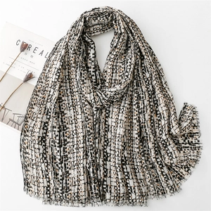 Women Pixel Geometric Scarf Gilded Lightweight Shawl Frayed Edge Satin Cotton Blend Elegant Breathable Wrap For Daily Travel