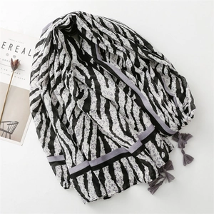 Zebra and leopard print thin cotton scarf with purple borders and elegant fringe tassels