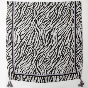 Zebra and leopard print thin scarf with purple borders and grey tassels for women